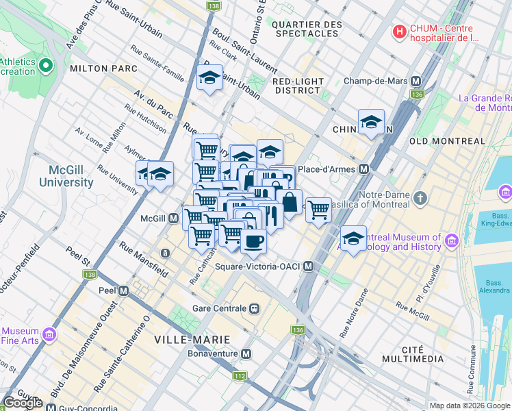 map of restaurants, bars, coffee shops, grocery stores, and more near 1200 Rue Saint-Alexandre in Montrã©Al