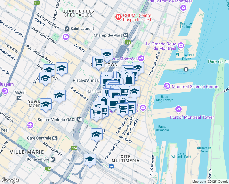 map of restaurants, bars, coffee shops, grocery stores, and more near 129 Saint Jacques Street in Montreal
