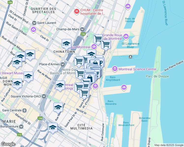 map of restaurants, bars, coffee shops, grocery stores, and more near in Montréal