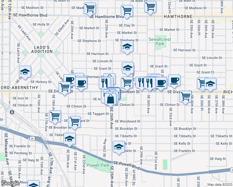 map of restaurants, bars, coffee shops, grocery stores, and more near 2680 Southeast Division Street in Portland