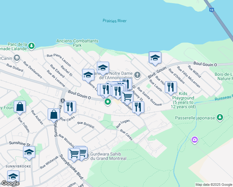 map of restaurants, bars, coffee shops, grocery stores, and more near 9535 Boulevard Gouin Ouest in Montréal