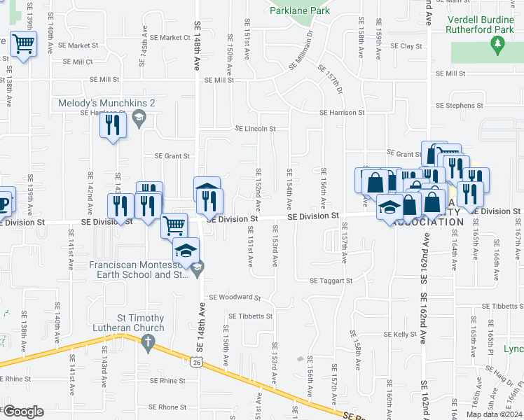 map of restaurants, bars, coffee shops, grocery stores, and more near 2442 Southeast 152nd Avenue in Portland