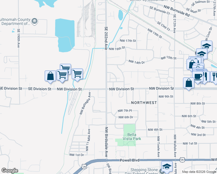map of restaurants, bars, coffee shops, grocery stores, and more near 940 Northwest Wonderview Court in Gresham