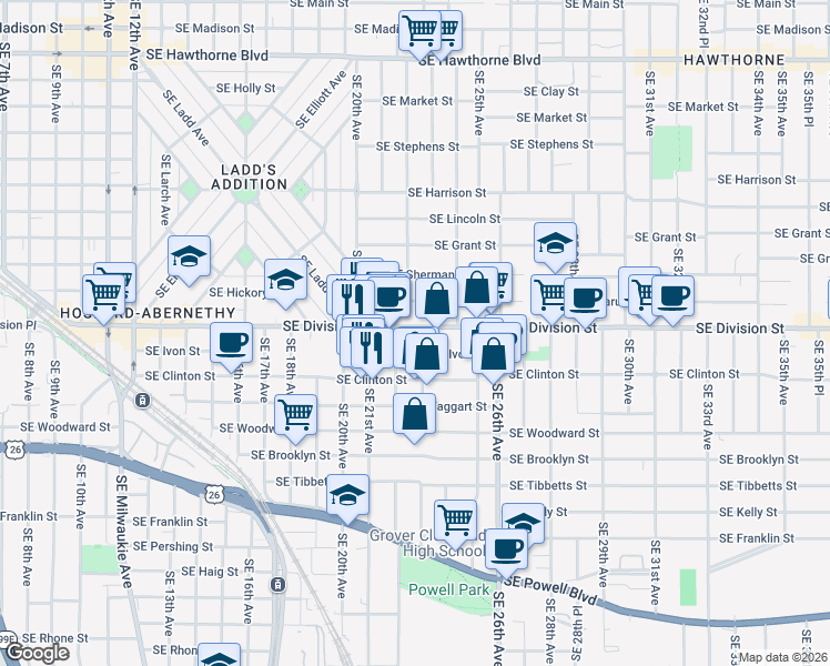 map of restaurants, bars, coffee shops, grocery stores, and more near 2605 Southeast 23rd Avenue in Portland