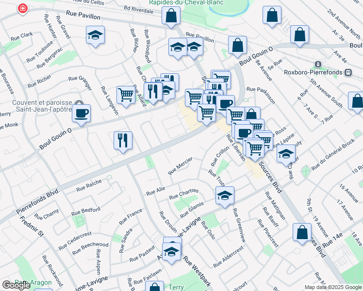 map of restaurants, bars, coffee shops, grocery stores, and more near 11950 Boulevard de Pierrefonds in Montréal