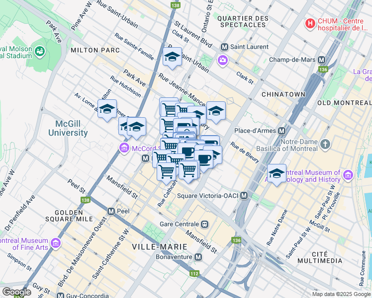 map of restaurants, bars, coffee shops, grocery stores, and more near 1221 Avenue Union in Montréal