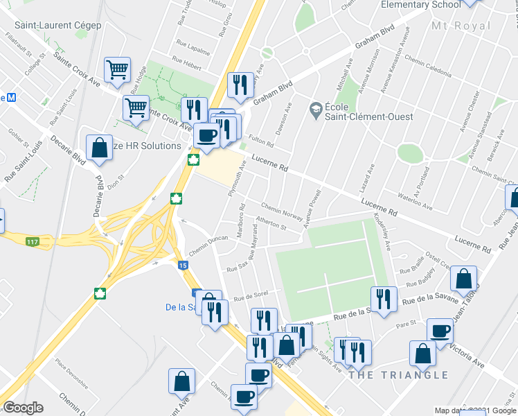 map of restaurants, bars, coffee shops, grocery stores, and more near 2092 Chemin Norway in Mont-Royal
