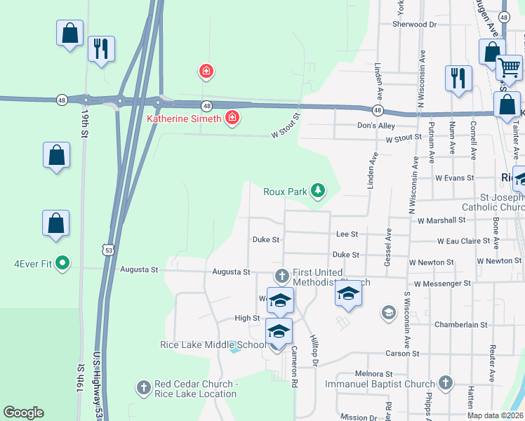 map of restaurants, bars, coffee shops, grocery stores, and more near 1414 West Marshall Street in Rice Lake