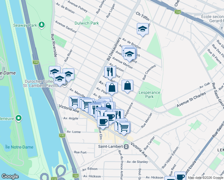 map of restaurants, bars, coffee shops, grocery stores, and more near 246 Rue Green in Saint-Lambert