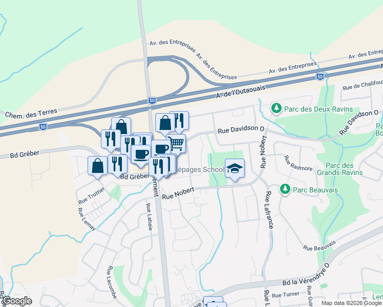map of restaurants, bars, coffee shops, grocery stores, and more near 140 Rue de Sauternes in Gatineau