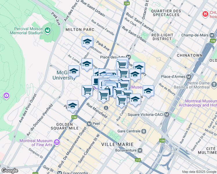 map of restaurants, bars, coffee shops, grocery stores, and more near in Montréal