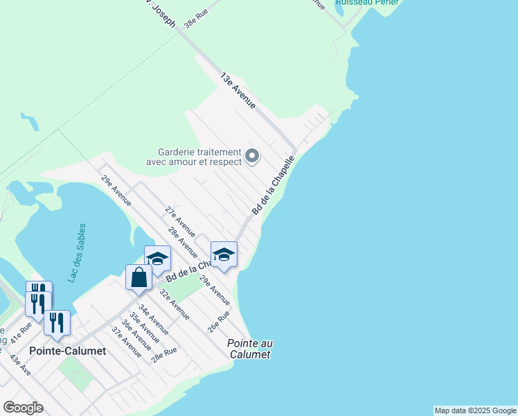 map of restaurants, bars, coffee shops, grocery stores, and more near 585 Boulevard de la Chapelle in Pointe-Calumet