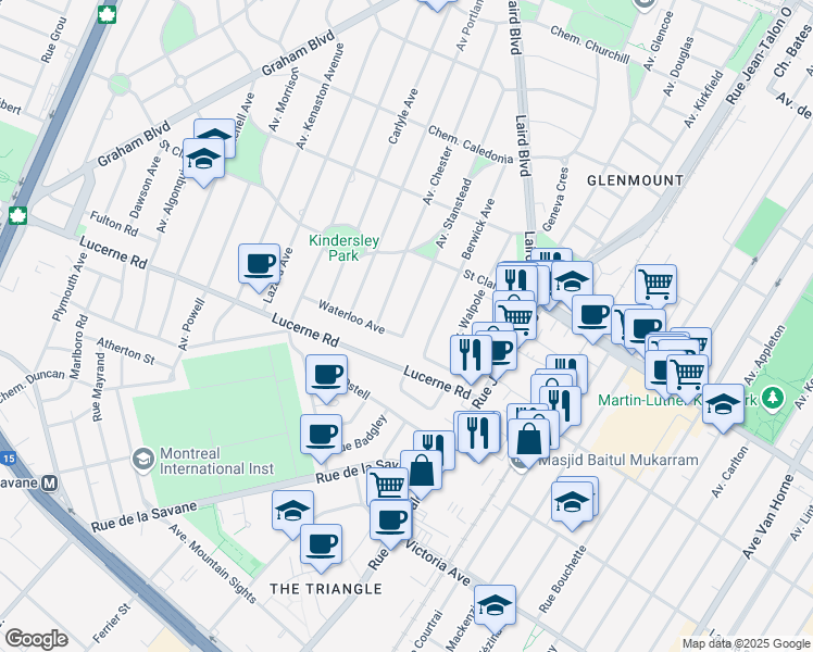 map of restaurants, bars, coffee shops, grocery stores, and more near 603 Stanstead Avenue in Mount Royal