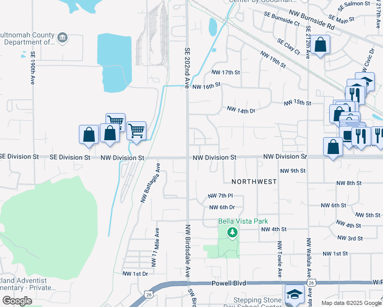 map of restaurants, bars, coffee shops, grocery stores, and more near 940 Northwest Wonderview Court in Gresham