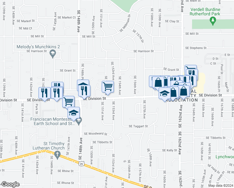 map of restaurants, bars, coffee shops, grocery stores, and more near 15348 Southeast Division Street in Portland