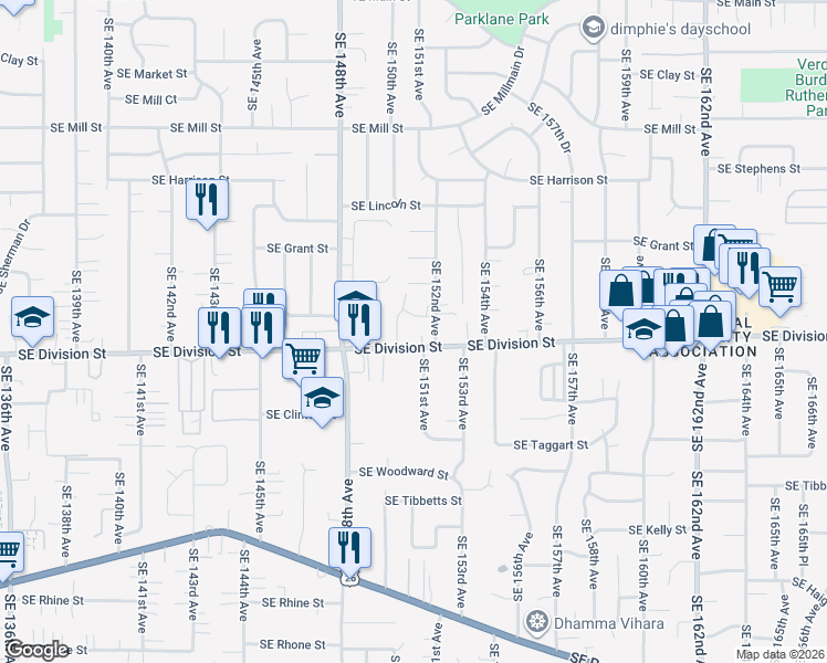 map of restaurants, bars, coffee shops, grocery stores, and more near 15040 Southeast Division Street in Portland