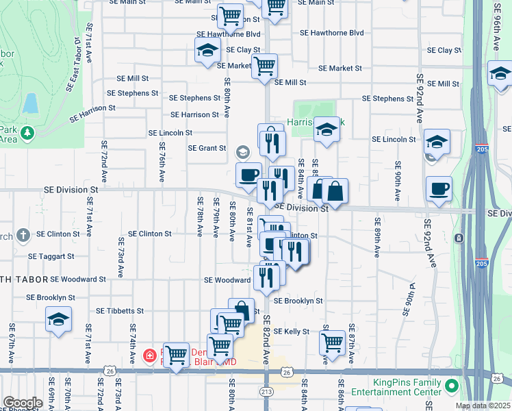 map of restaurants, bars, coffee shops, grocery stores, and more near 2615 Southeast 81st Avenue in Portland