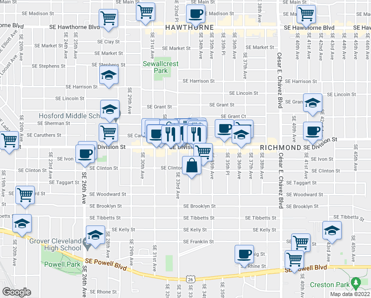map of restaurants, bars, coffee shops, grocery stores, and more near 2601 Southeast 33rd Place in Portland