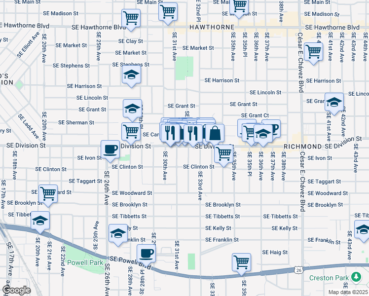 map of restaurants, bars, coffee shops, grocery stores, and more near 2604 Southeast 32nd Avenue in Portland