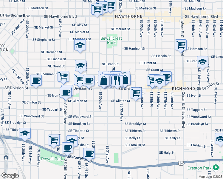 map of restaurants, bars, coffee shops, grocery stores, and more near 2546 Southeast 32nd Avenue in Portland