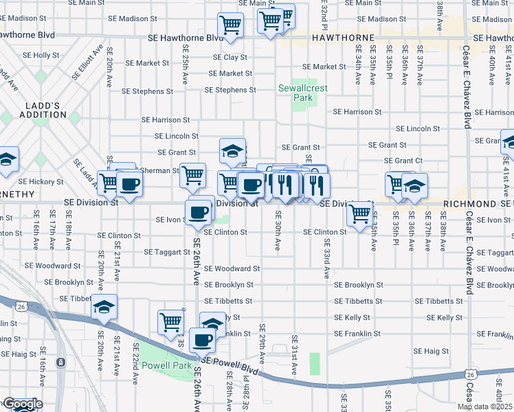 map of restaurants, bars, coffee shops, grocery stores, and more near 2606 Southeast 29th Avenue in Portland
