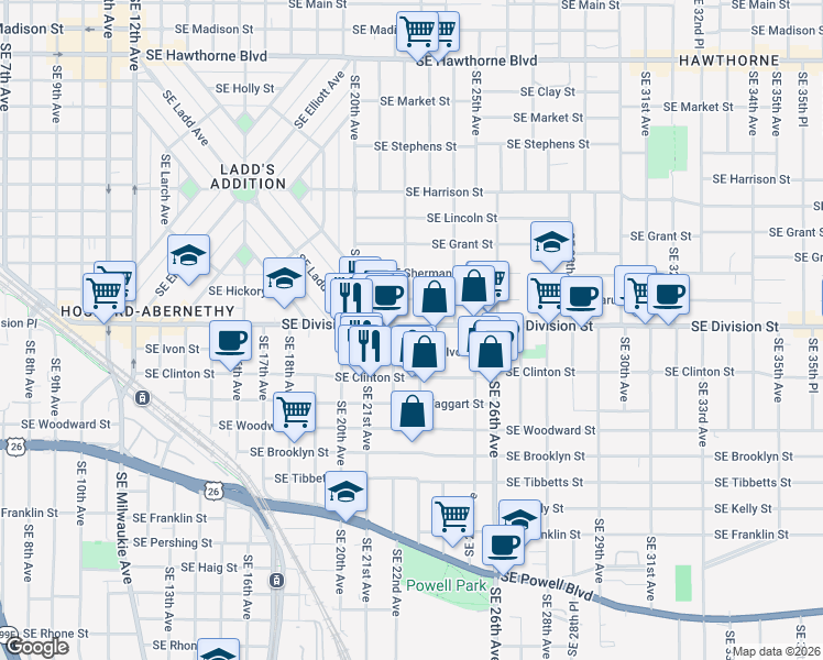 map of restaurants, bars, coffee shops, grocery stores, and more near 2605 Southeast 23rd Avenue in Portland