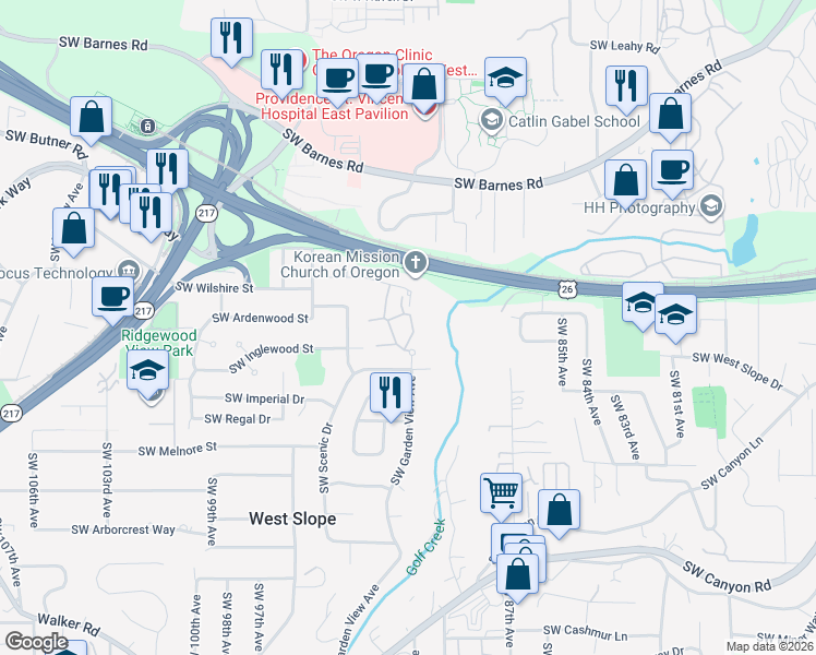 map of restaurants, bars, coffee shops, grocery stores, and more near 2240 Southwest Garden View Avenue in Portland