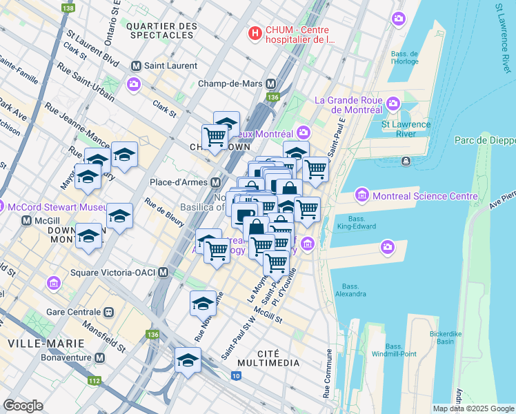 map of restaurants, bars, coffee shops, grocery stores, and more near 512 Place d'Armes in Montréal
