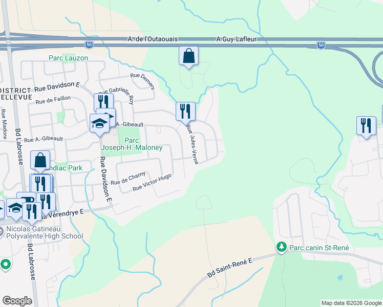 map of restaurants, bars, coffee shops, grocery stores, and more near 212 Rue Jules-Verne in Gatineau
