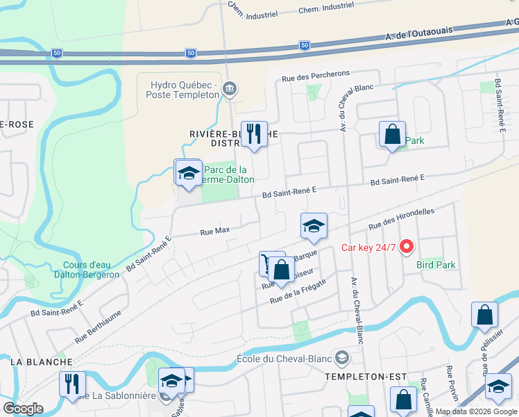 map of restaurants, bars, coffee shops, grocery stores, and more near 26 Rue de la Bourgade in Gatineau