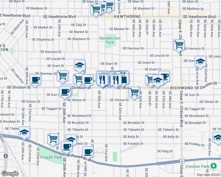 map of restaurants, bars, coffee shops, grocery stores, and more near 3150 Southeast Division Street in Portland