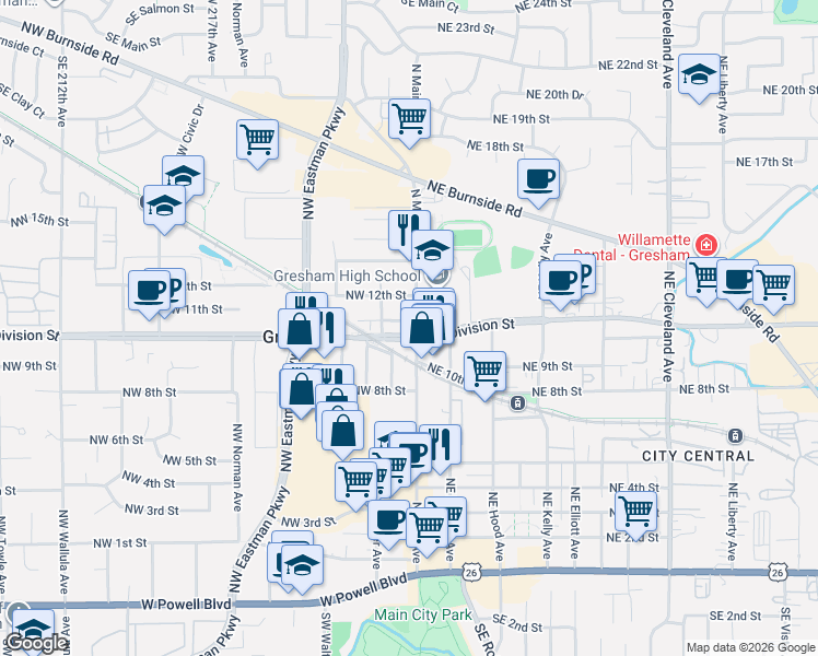 map of restaurants, bars, coffee shops, grocery stores, and more near 1005 North Main Avenue in Gresham