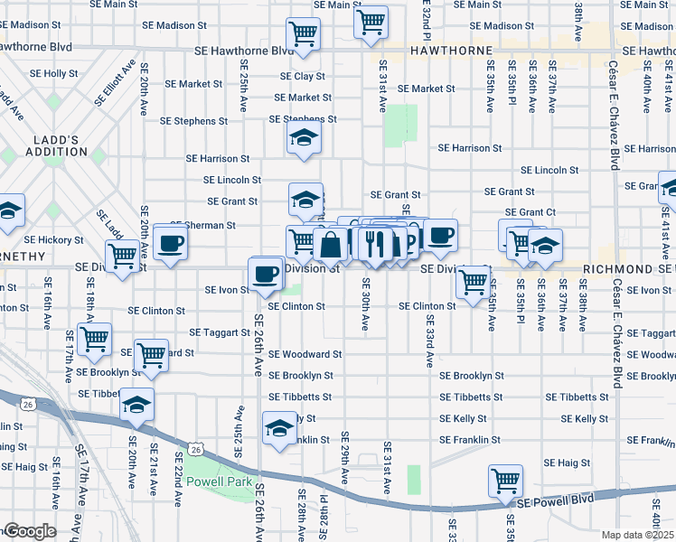 map of restaurants, bars, coffee shops, grocery stores, and more near 2880 Southeast Division Street in Portland