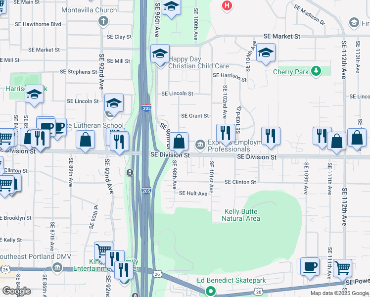 map of restaurants, bars, coffee shops, grocery stores, and more near 9821 Southeast Division Street in Portland
