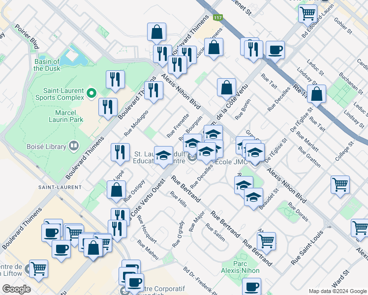 map of restaurants, bars, coffee shops, grocery stores, and more near 2350 Boulevard de la Côte-Vertu in Montréal