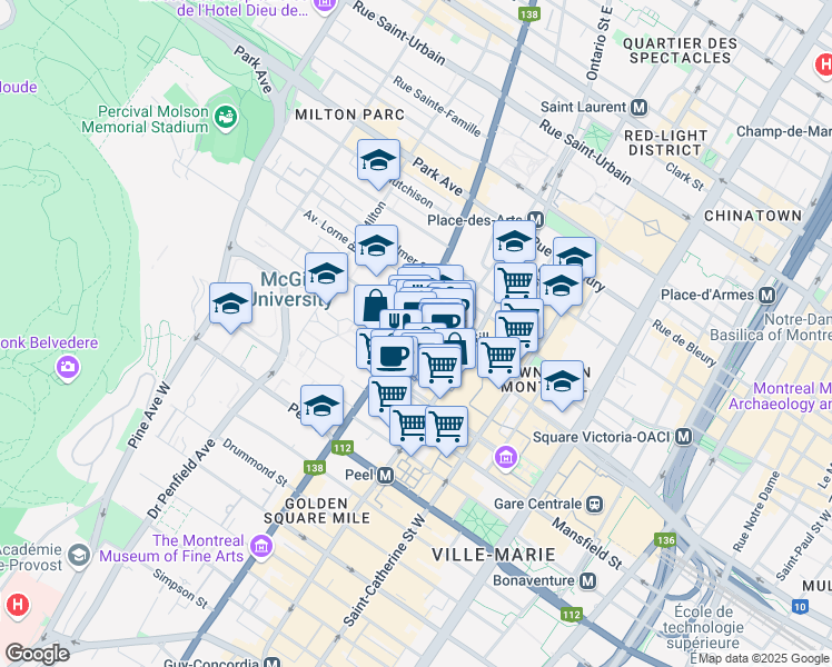 map of restaurants, bars, coffee shops, grocery stores, and more near 680 Rue Sherbrooke Ouest in Montréal