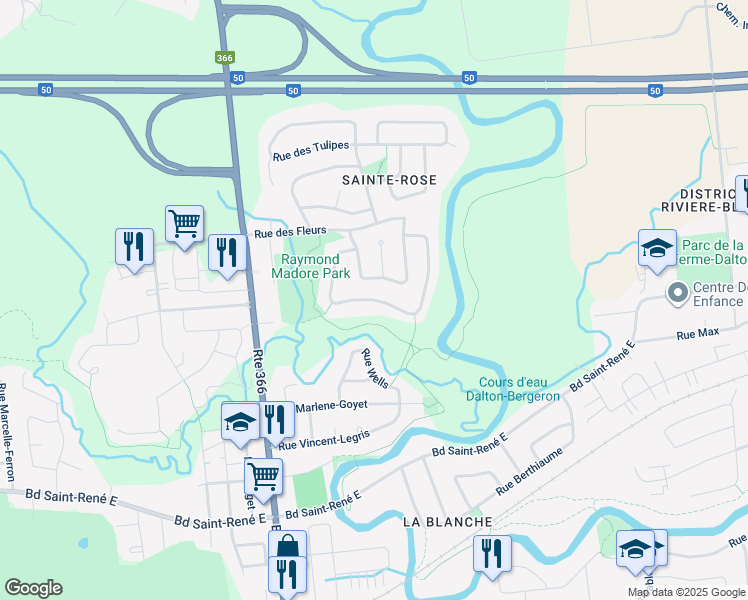 map of restaurants, bars, coffee shops, grocery stores, and more near Rue des Jacinthes in Gatineau