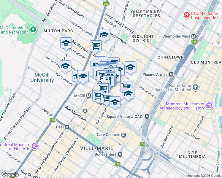 map of restaurants, bars, coffee shops, grocery stores, and more near 1430 Rue City Councillors in Montreal