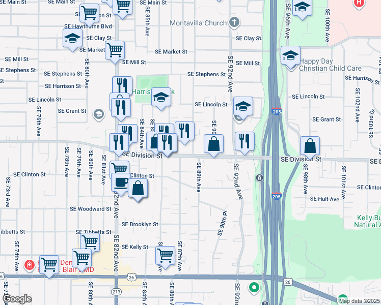 map of restaurants, bars, coffee shops, grocery stores, and more near 2369 Southeast 89th Avenue in Portland