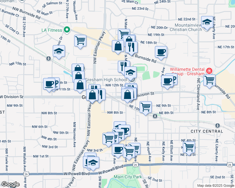 map of restaurants, bars, coffee shops, grocery stores, and more near 1133 North Main Avenue in Gresham