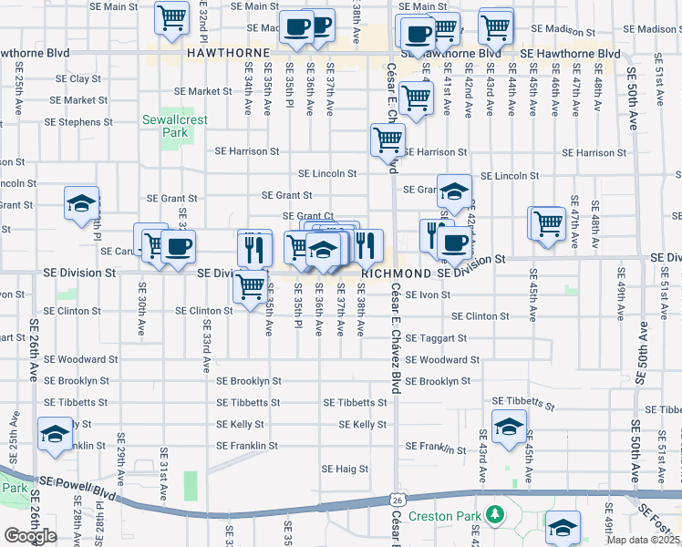 map of restaurants, bars, coffee shops, grocery stores, and more near SE Division St & SE 37th Ave in Portland