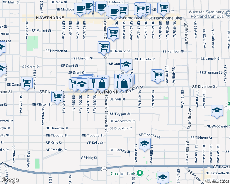 map of restaurants, bars, coffee shops, grocery stores, and more near SE Division St & SE 40th Ave in Portland