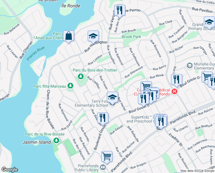 map of restaurants, bars, coffee shops, grocery stores, and more near 5075 Rue Fraser in Montréal