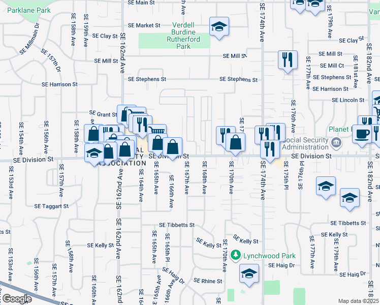 map of restaurants, bars, coffee shops, grocery stores, and more near 16603 Southeast Division Street in Portland
