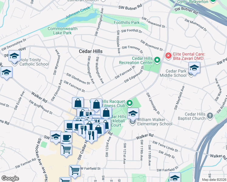 map of restaurants, bars, coffee shops, grocery stores, and more near 12260 Southwest Edgewood Street in Portland