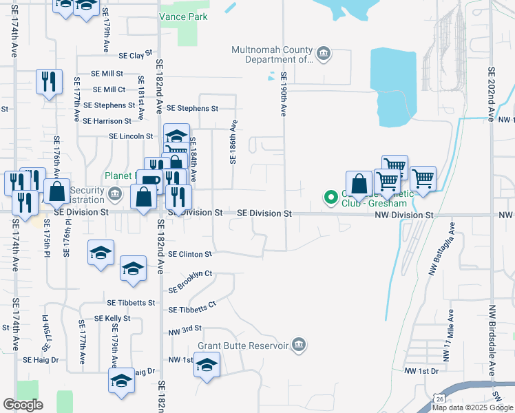 map of restaurants, bars, coffee shops, grocery stores, and more near 18850 Southeast Caruthers Street in Portland