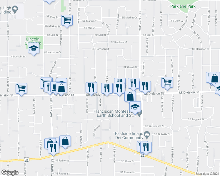 map of restaurants, bars, coffee shops, grocery stores, and more near 2340 Southeast 143rd Avenue in Portland
