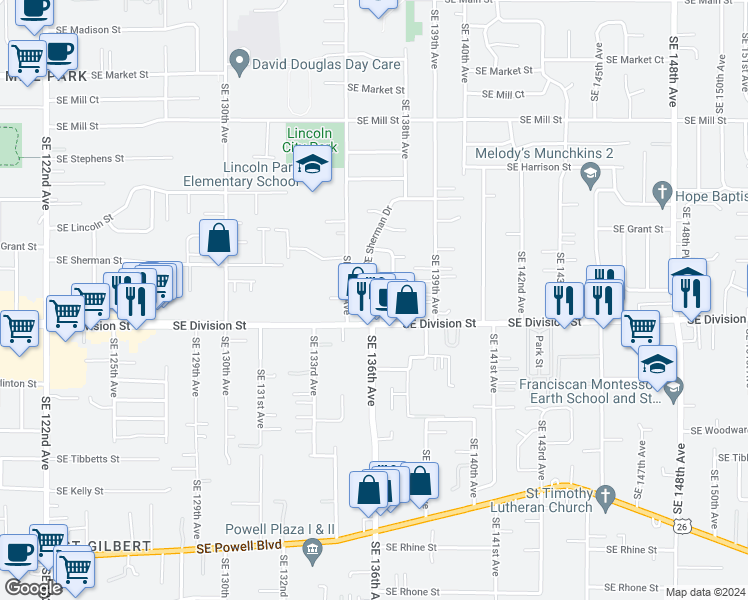 map of restaurants, bars, coffee shops, grocery stores, and more near 2337 Southeast 137th Avenue in Portland