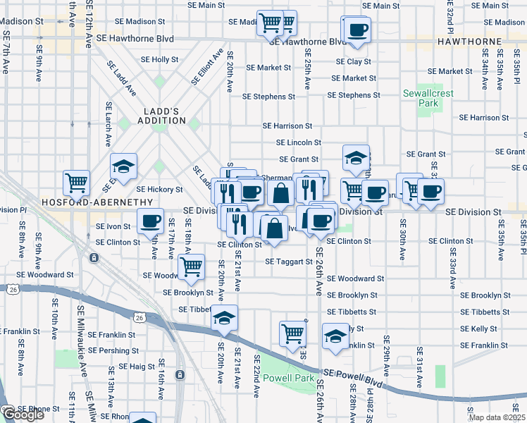 map of restaurants, bars, coffee shops, grocery stores, and more near 2222 Southeast Caruthers Street in Portland