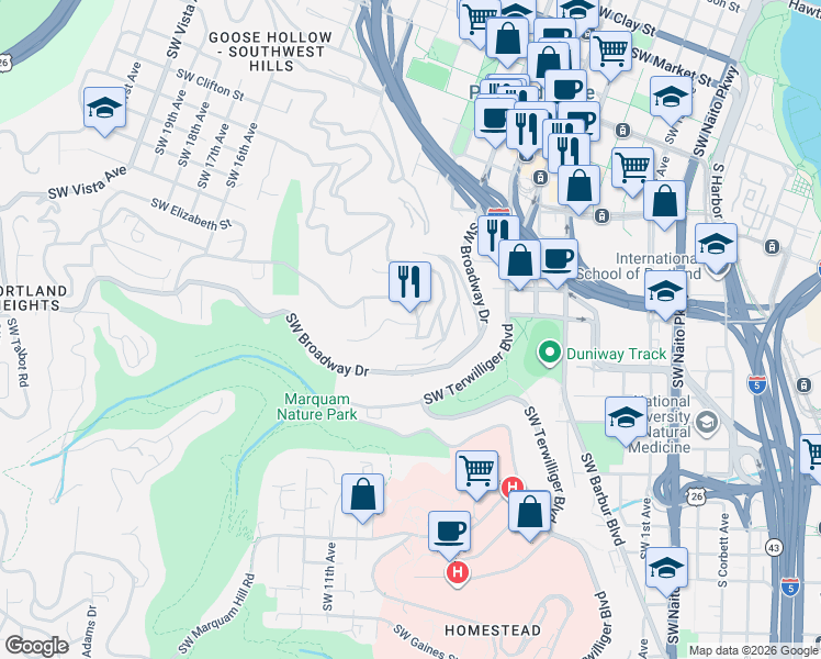 map of restaurants, bars, coffee shops, grocery stores, and more near in Portland